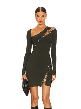 NICHOLAS Olive Asymmetric Lace-Up Long Sleeve Mini Dress